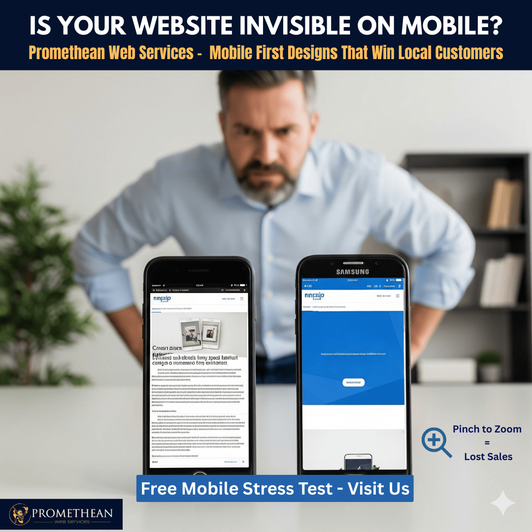 Frustrated business owner looking at unresponsive website on iPhone and Android phones, showing overlapping text and images, highlighting poor mobile design.