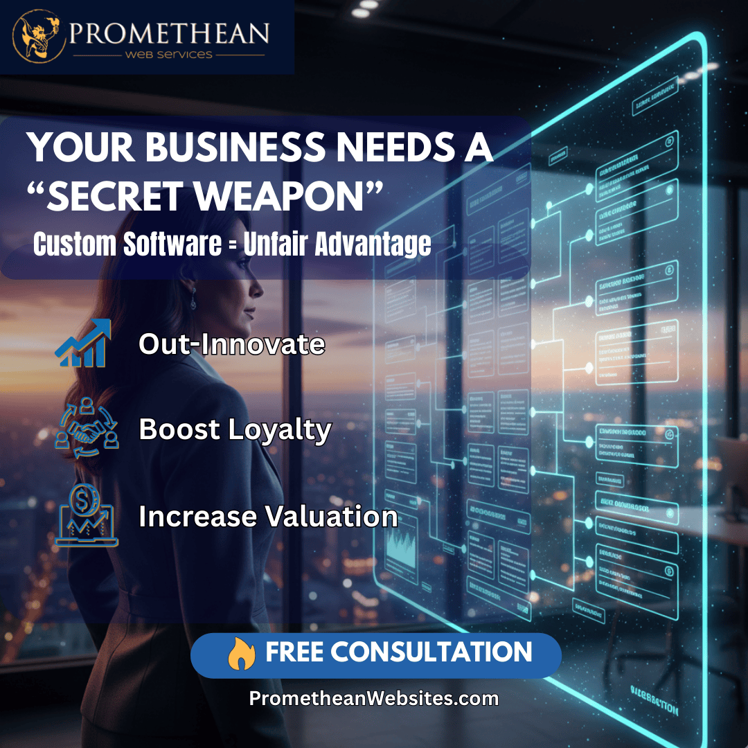 Confident business owner reviewing a glowing, futuristic transparent screen displaying a complex custom software interface schematic in a modern office, representing innovative strategic development.