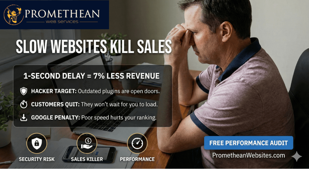 Split image showing a frustrated business owner with a slow-loading screen and cyber threat icon versus a confident owner with a fast, secure website and lock icon, conveying urgency and efficiency.