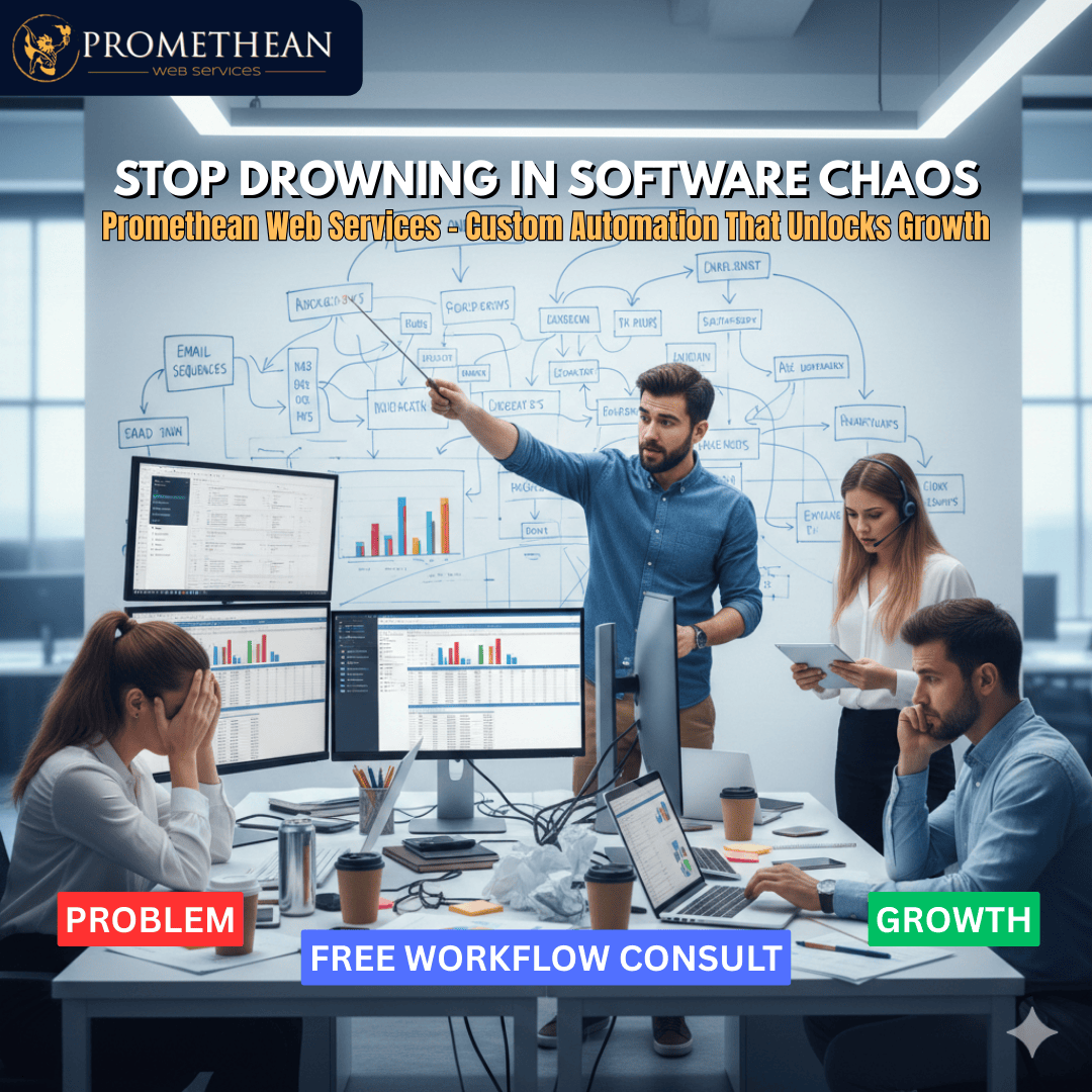 Overwhelmed business team struggling with spreadsheets and disorganized software flowcharts, illustrating the need for custom workflow automation.