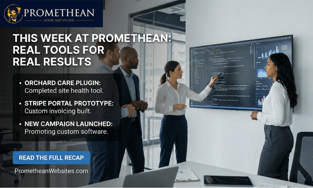 Professional web development team collaborating in a modern boutique studio over custom code and payment portal layouts.