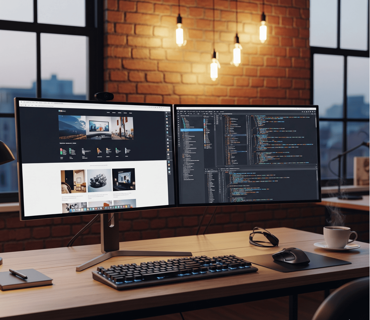 Professional developer workstation in a boutique studio loft, featuring dual monitors displaying a custom website UI design on the left and backend software code on the right.