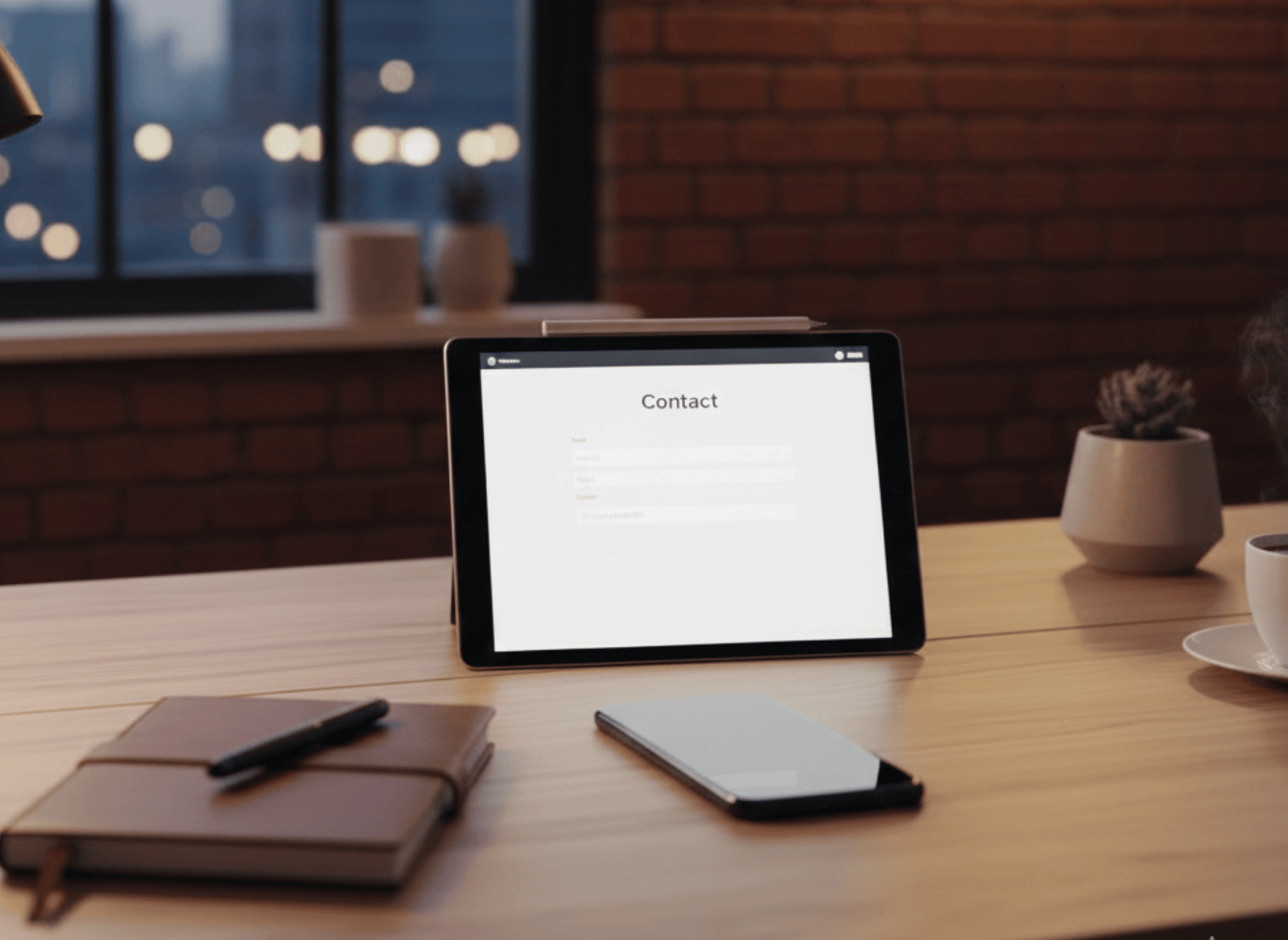 Modern mobile devices, a tablet, and a professional notebook resting on a wooden desk in a stylish industrial loft office, representing a modern approach to business technology and communication.